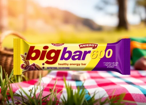 A person holding a Big bar 6000 energy bar in a scenic outdoor setting, highlighting the nutritional snack's packaging and appeal.