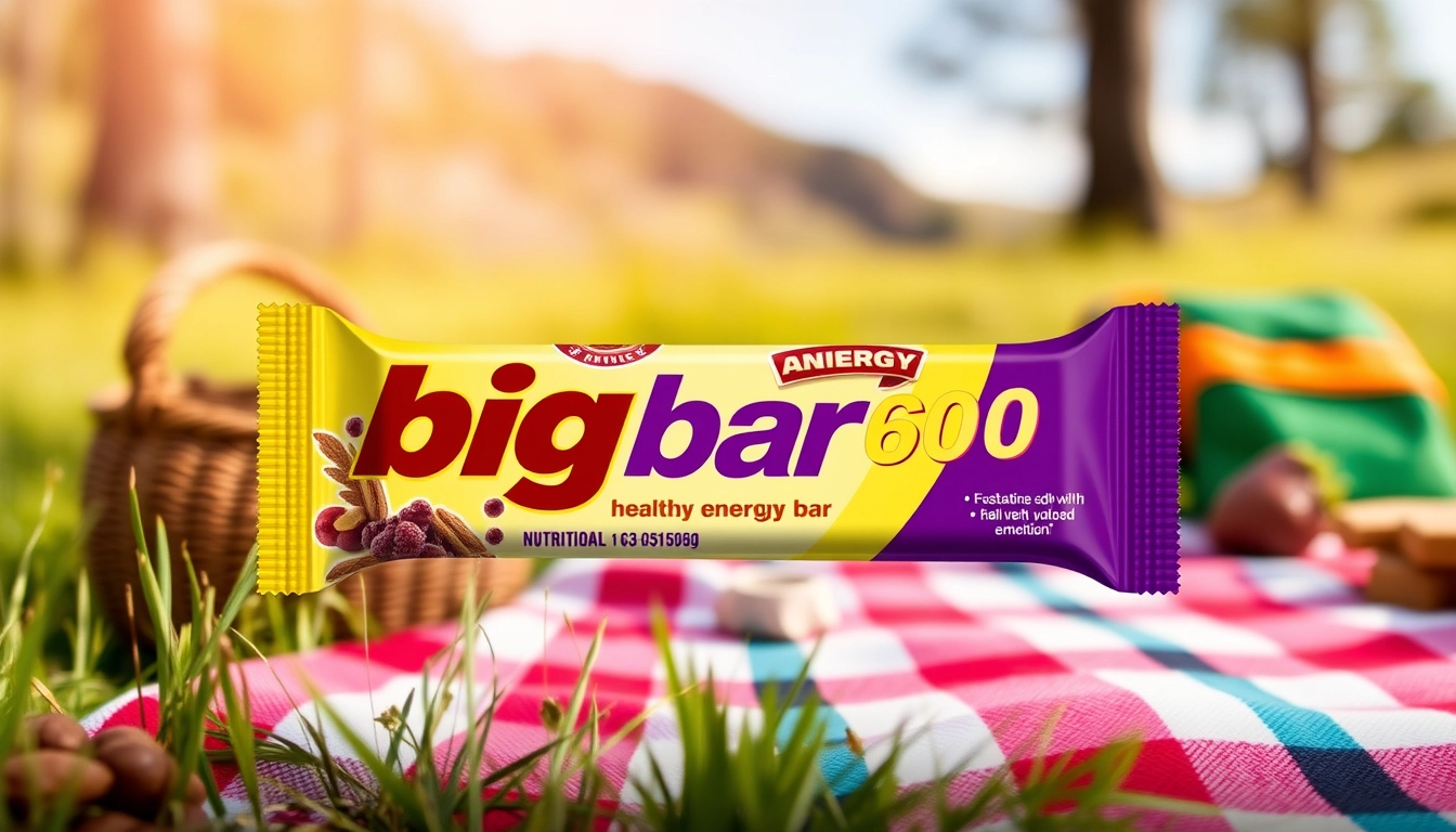 A person holding a Big bar 6000 energy bar in a scenic outdoor setting, highlighting the nutritional snack's packaging and appeal.