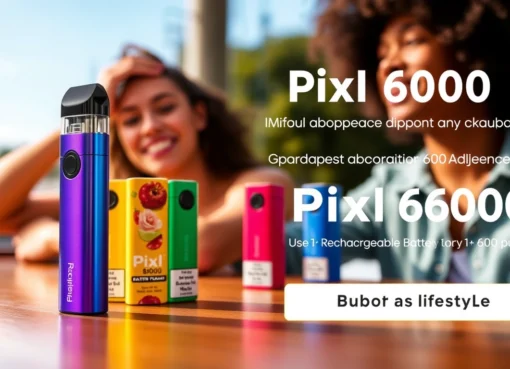 Pixl 6000 disposable vape in various flavours, showcasing its sleek design and rechargeable features