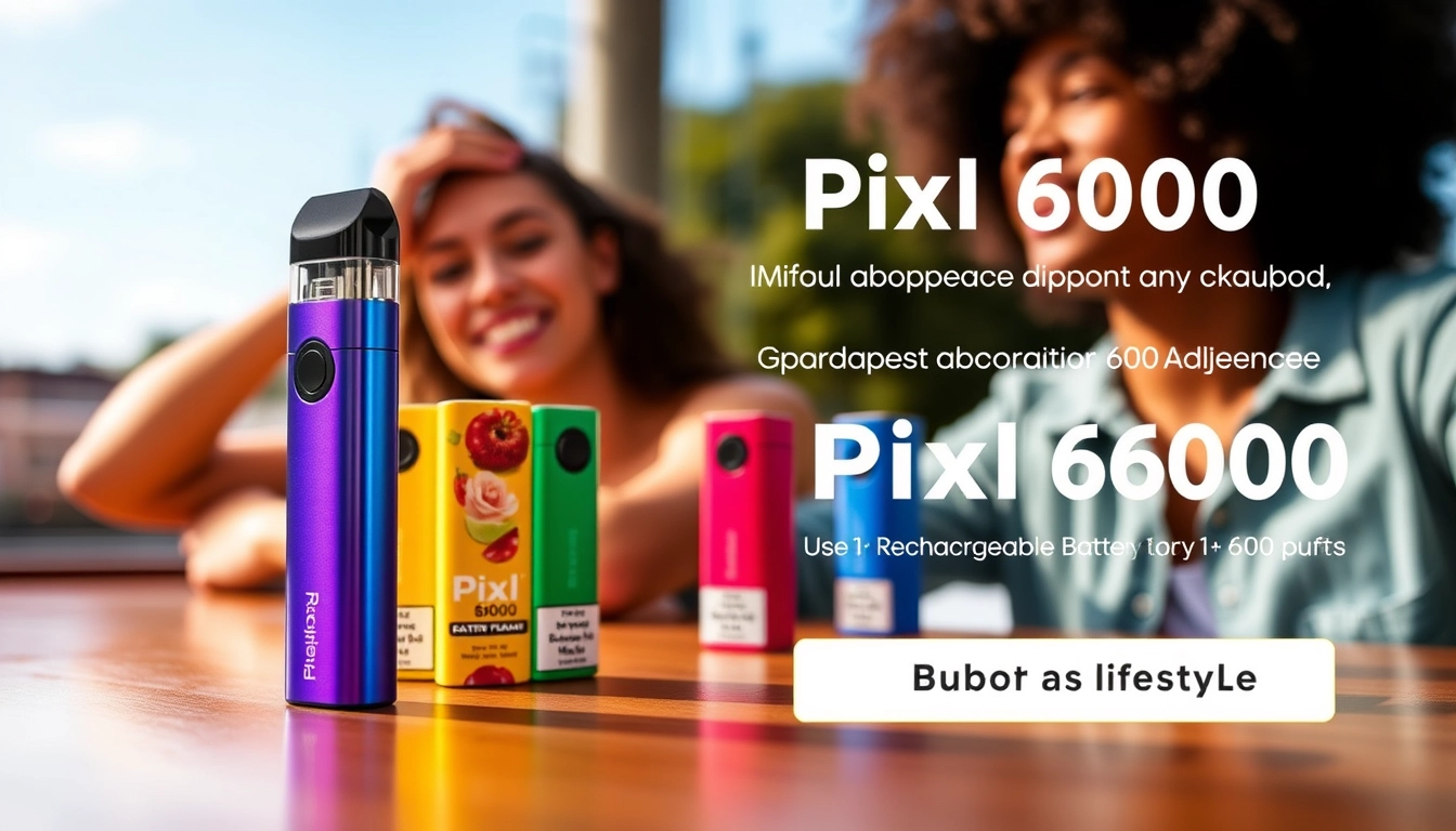 Pixl 6000 disposable vape in various flavours, showcasing its sleek design and rechargeable features